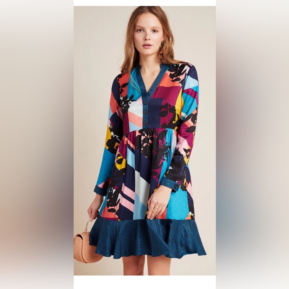 Anthropologie Multicolor Patchwork V-Neck Mini Dress